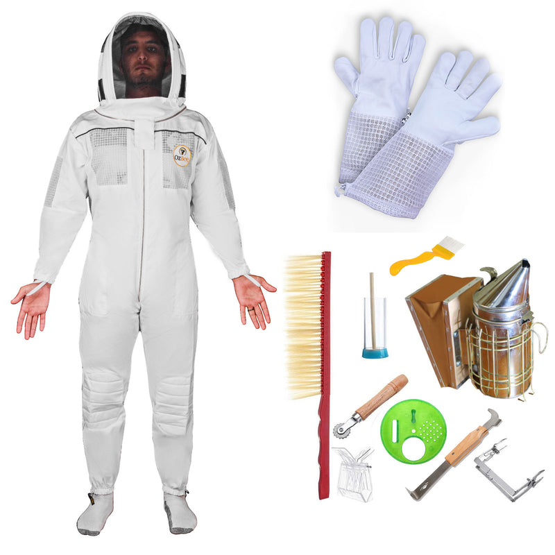 Beekeeping Starter Kit For Beekeepers With OZ Bee Semi Ventilated Hoodie Style Suit Protective Gear