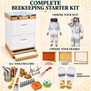 Complete beekeeping starter kit collage showing a white and wood beehive, protective beekeeping suits worn by two people, frames, tools, and ozbee premium gloves on a light beige background with honeycomb graphics.