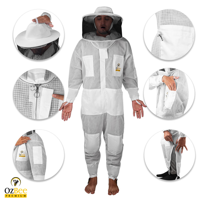 OZBee Beekeeping Suit Premium 3 Layer Mesh Ultra Cool Ventilated Round Head Beekeeping Protective Gear