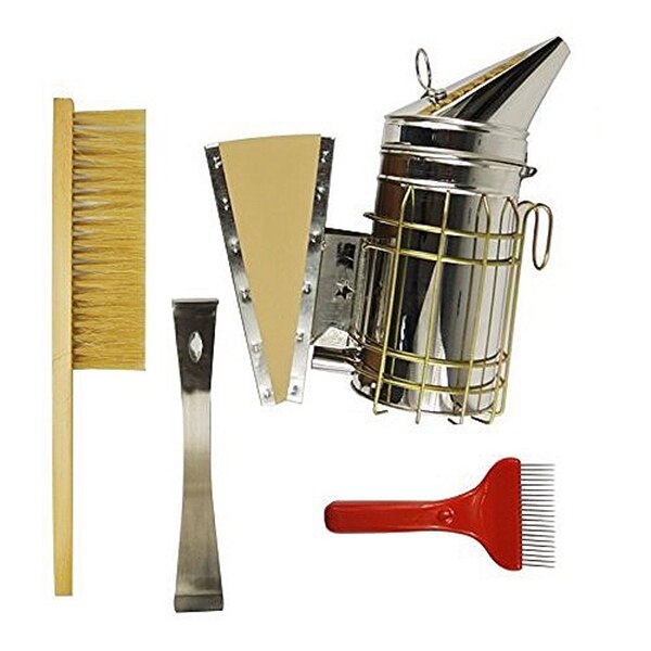 4Pcs  Beekeeping Tools Kit, Stainless Steel Hive Tool, Bee Brush, Smoker, Comb Wax Extracting Fork