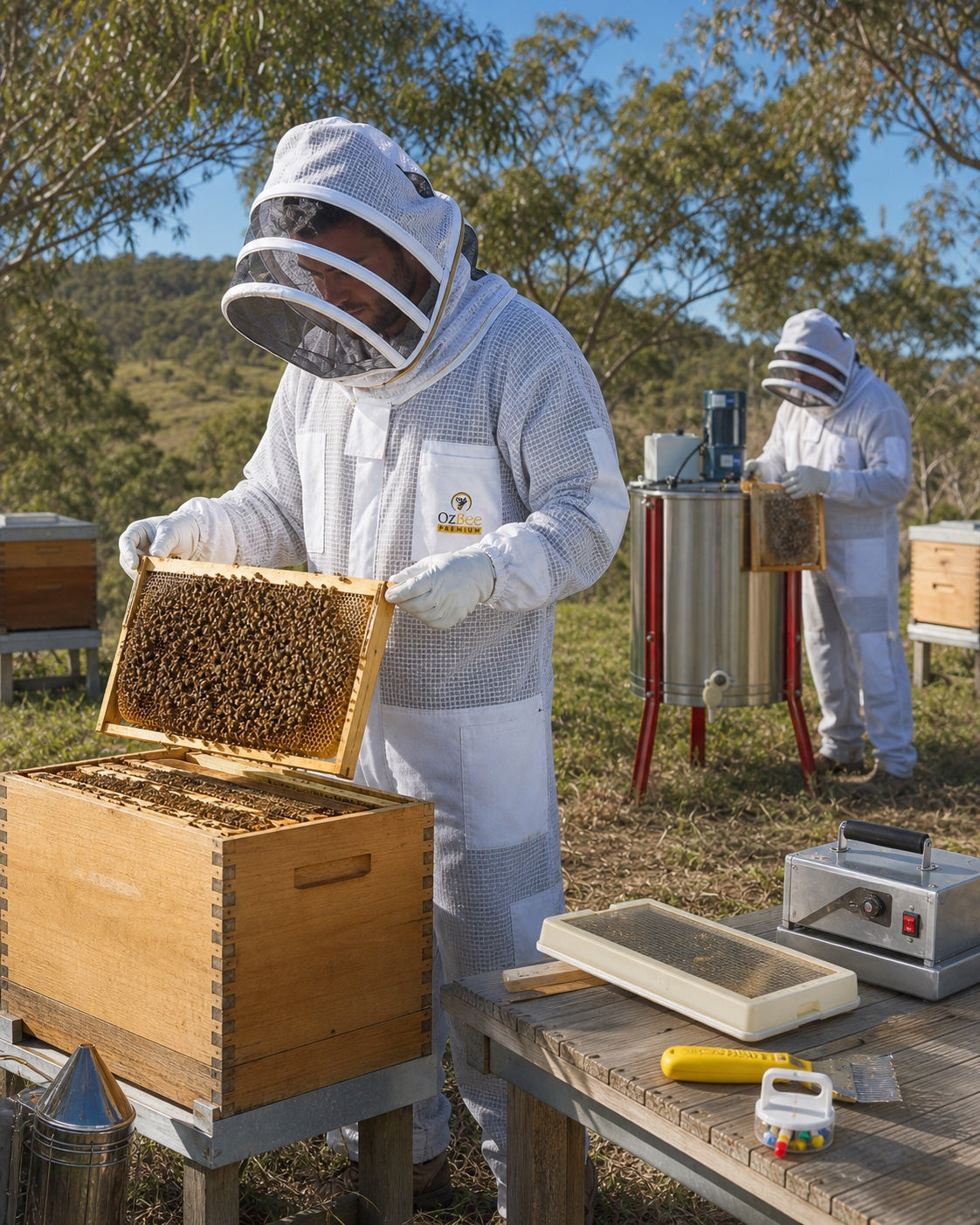 Australian beekeepers wearing OZBEE Premium ventilated bee suits during a hive inspection